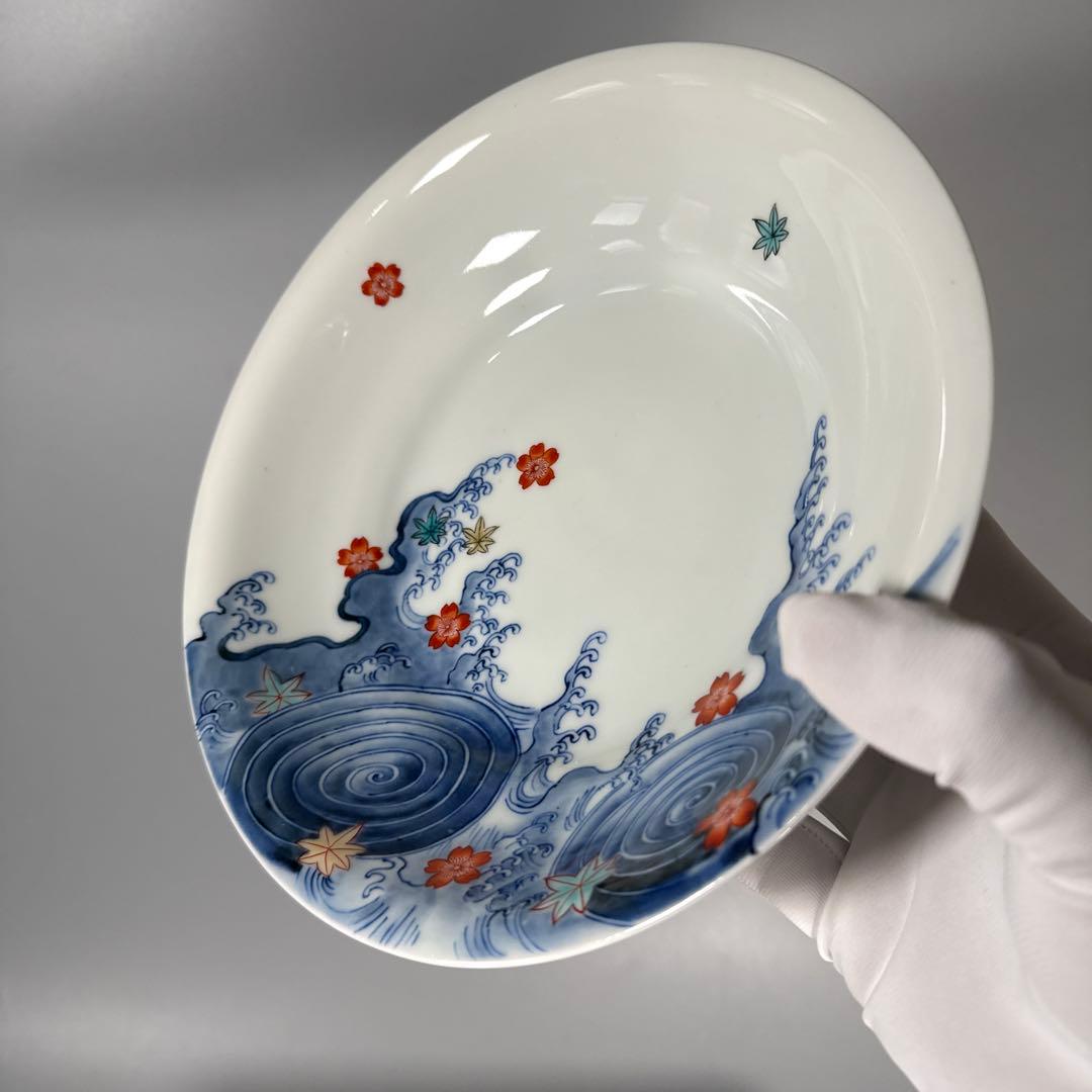 肥前有田　十二代今右衛門造　錦波桜絵文様菓子器　共箱　22cm　国重要無形文化財