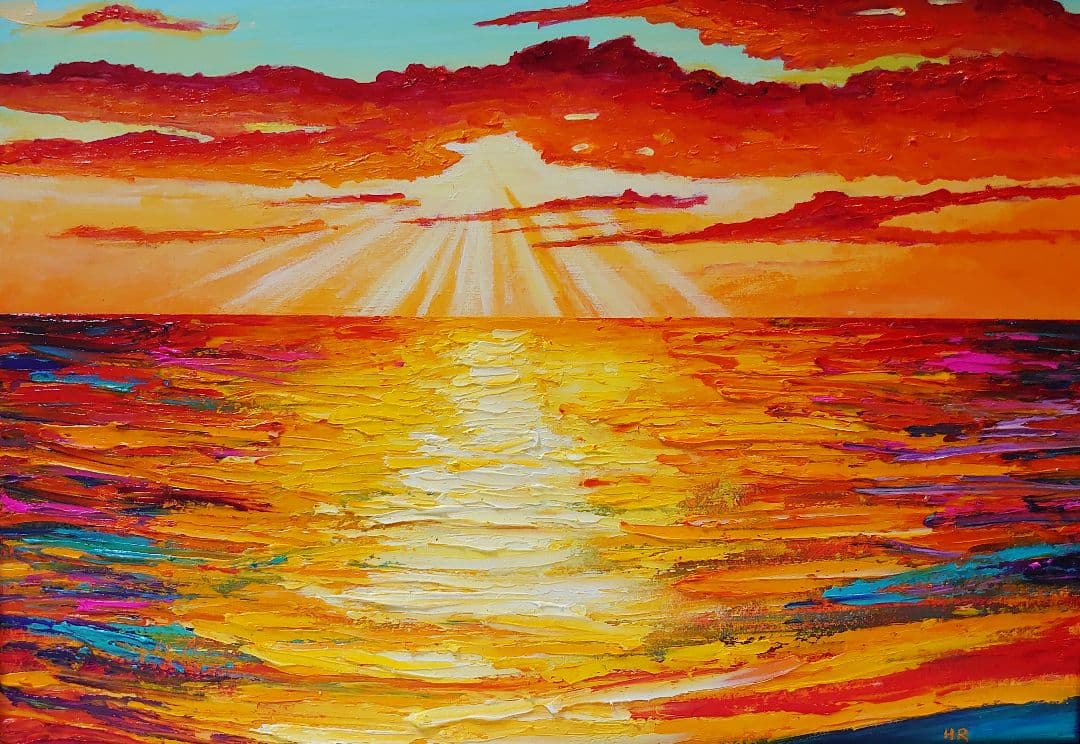 油絵 絵画 夕日の海【Ａ3】