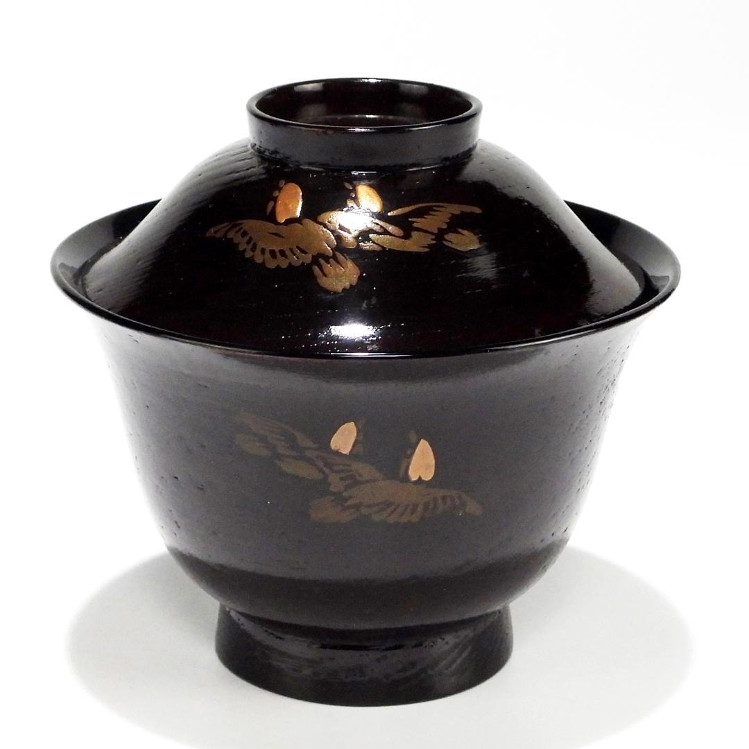 金蒔絵 千羽鳥 木製漆器 輪島金沢能登 汁椀　蓋碗 黒小吸物碗　文政元戌寅之歲
