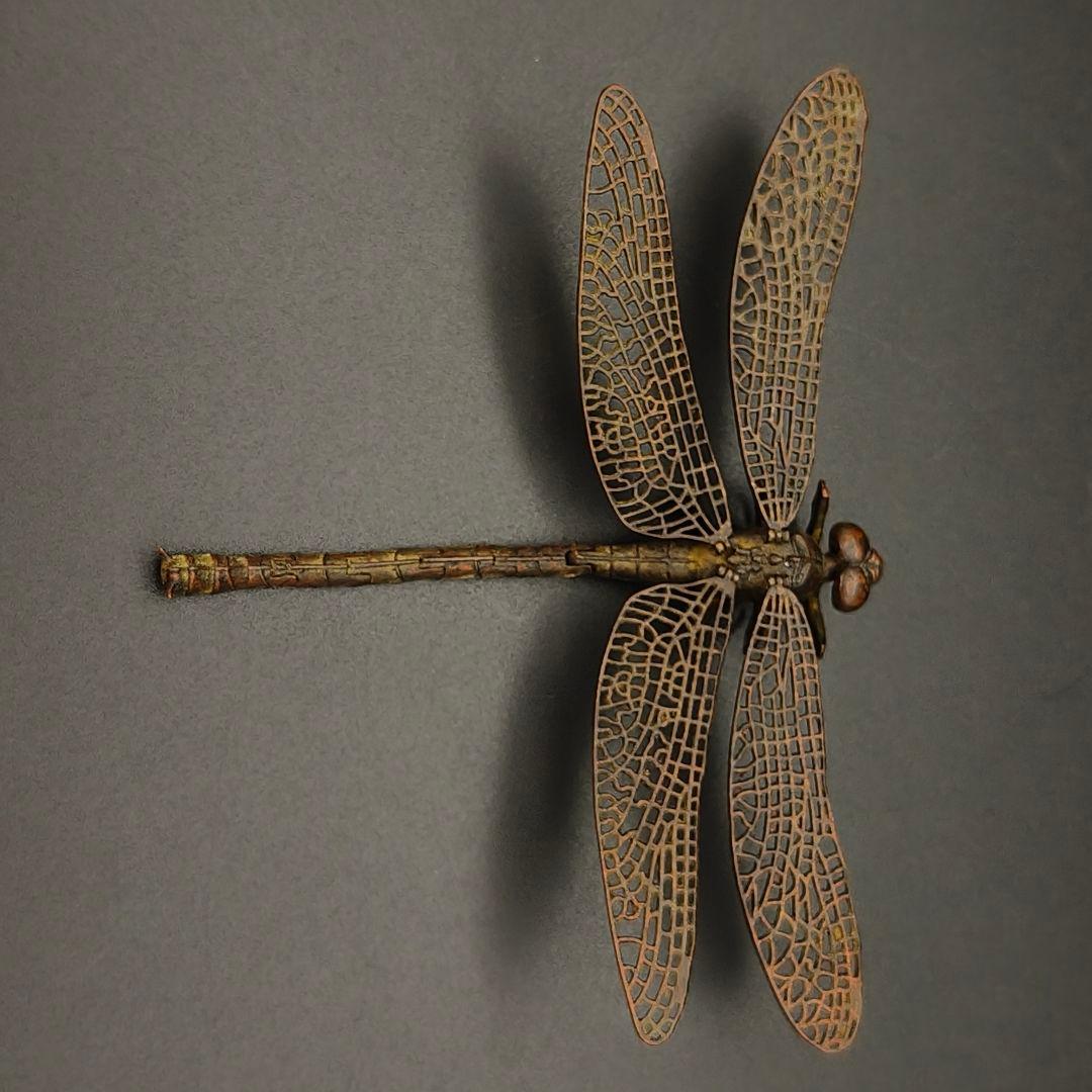 2品　銅製置物　蜻蛉　トンボ　勝虫　雨宮宗作　関節可動　金工品　茶道具