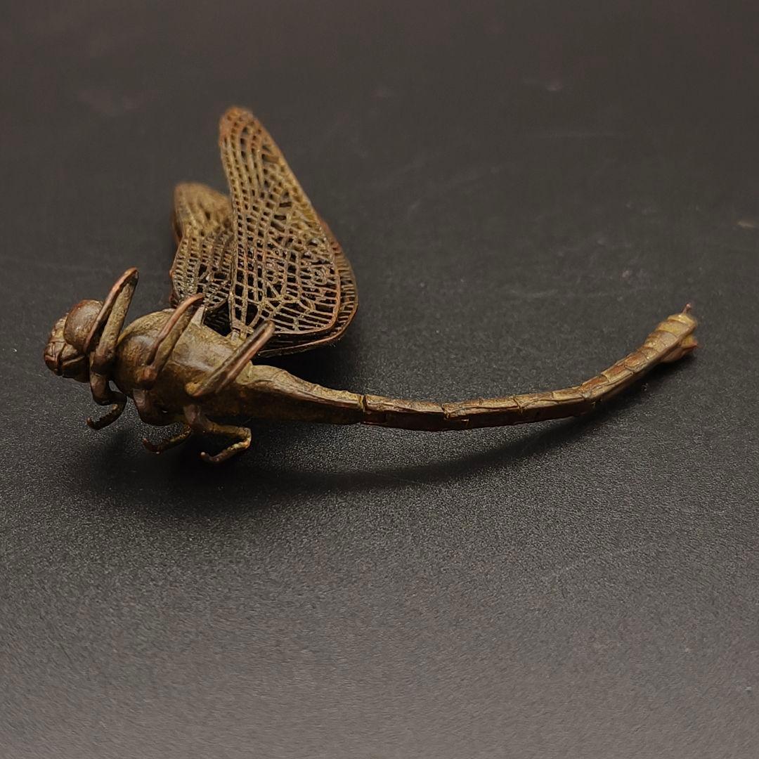 2品　銅製置物　蜻蛉　トンボ　勝虫　雨宮宗作　関節可動　金工品　茶道具