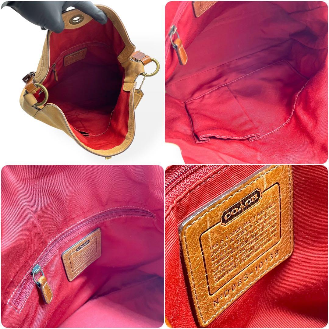 美品　COACH コーチ　ショルダーバッグ　ヌバック　レザー　ターンロック　茶