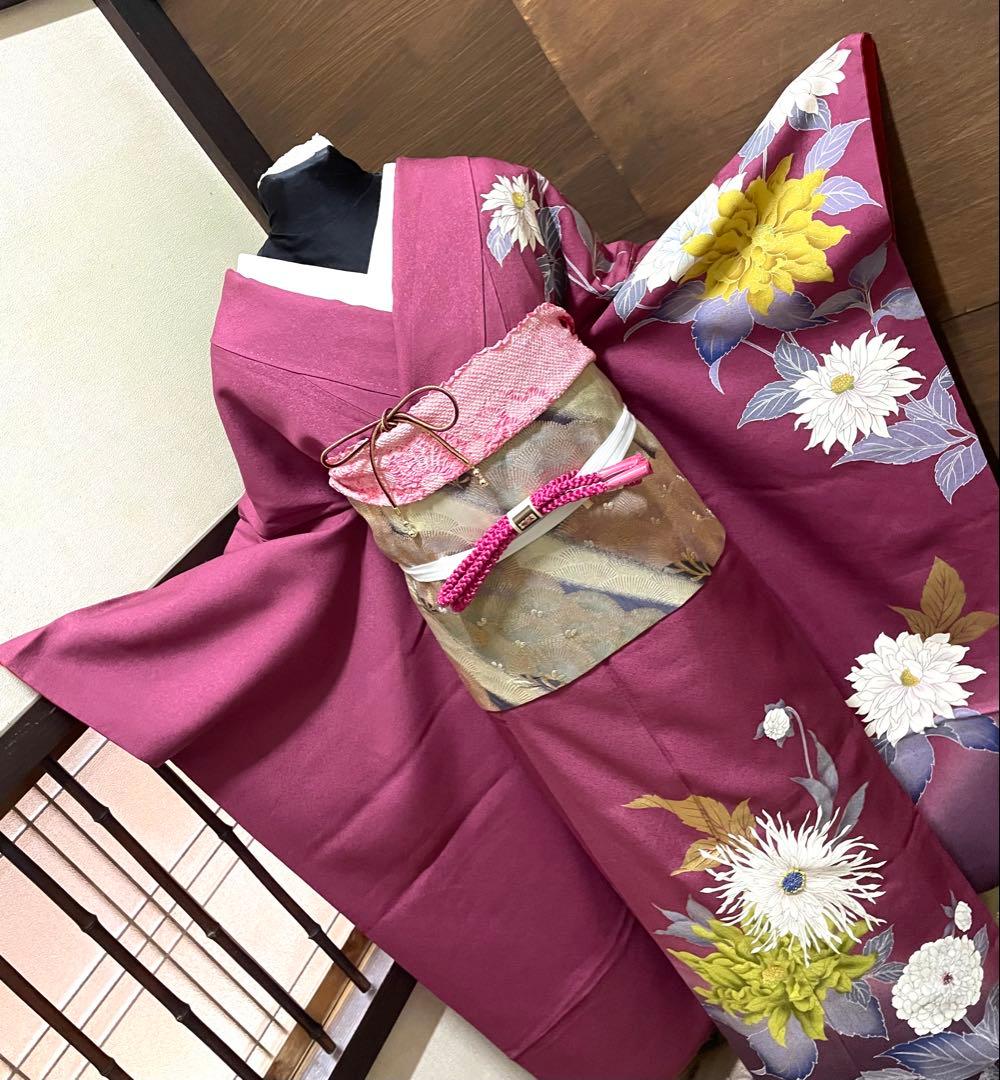 振袖 フルセット6点サイズM〜Ｌ草花　ビーズ　暈し染　金彩　正絹