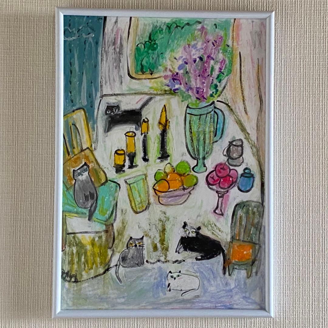 絵画 。手描き【部屋で楽しく遊んでいるかわいい猫たち】