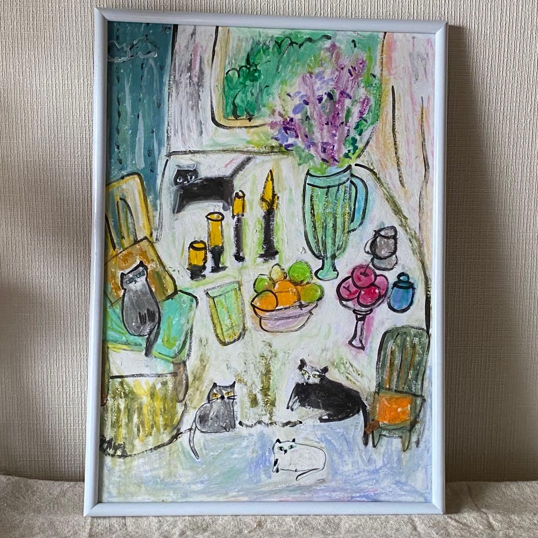 絵画 。手描き【部屋で楽しく遊んでいるかわいい猫たち】
