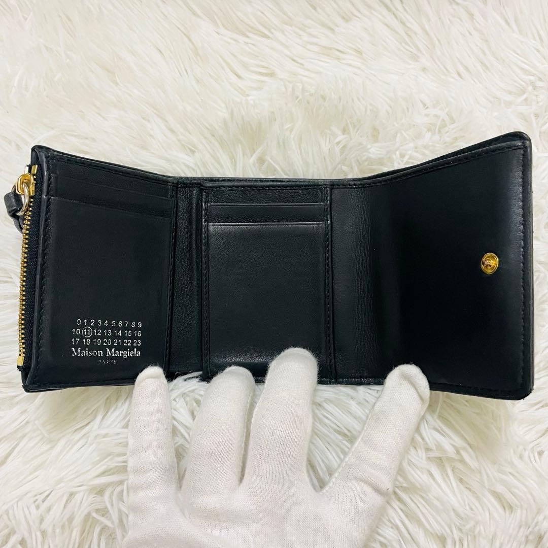 極美✨マルジェラ 二つ折り 財布 レザー 4ステッチ ブラック シボ カレンダー