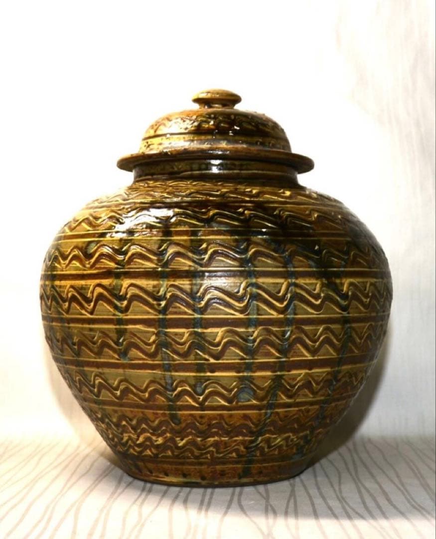 小鹿田焼 横縞櫛目緑釉打掛蓋付壺 29cm 未使用美品 民藝