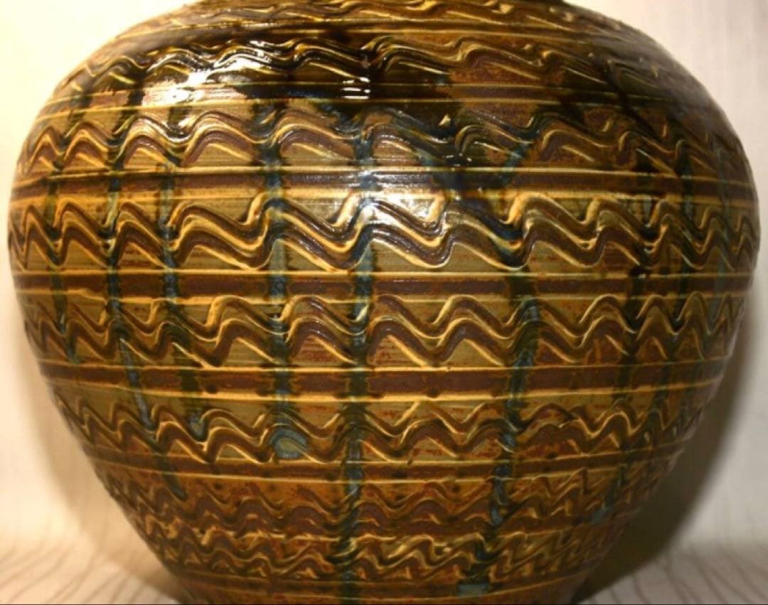 小鹿田焼 横縞櫛目緑釉打掛蓋付壺 29cm 未使用美品 民藝