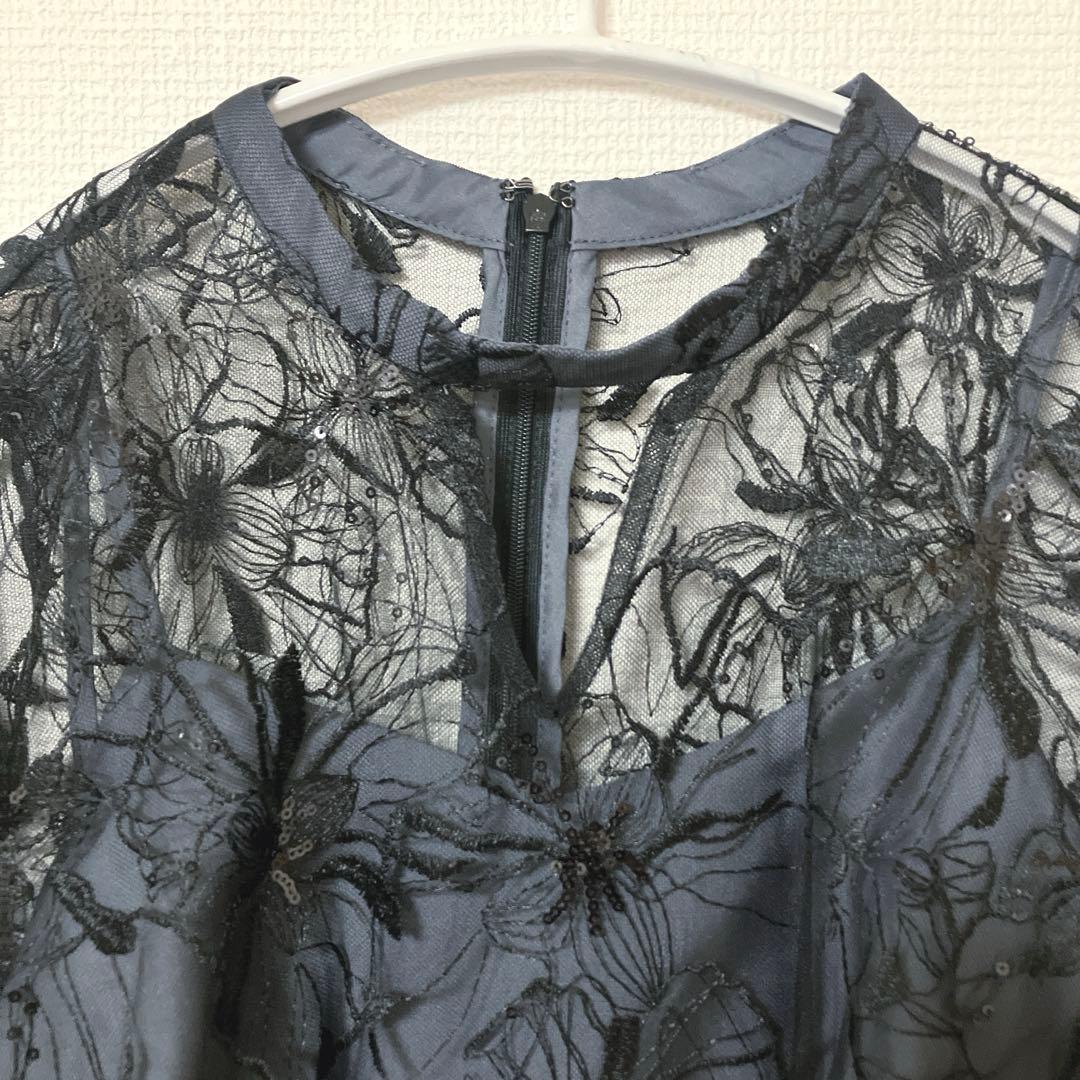 美品　人気　ニアナ　スパンコール刺繍レースドレス キーホールネック　ブラック　Ｌ