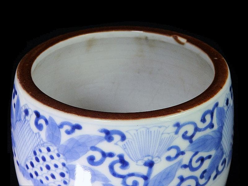 古伊万里　染付　花に唐草の図　火入れ　E613AS-fbqh