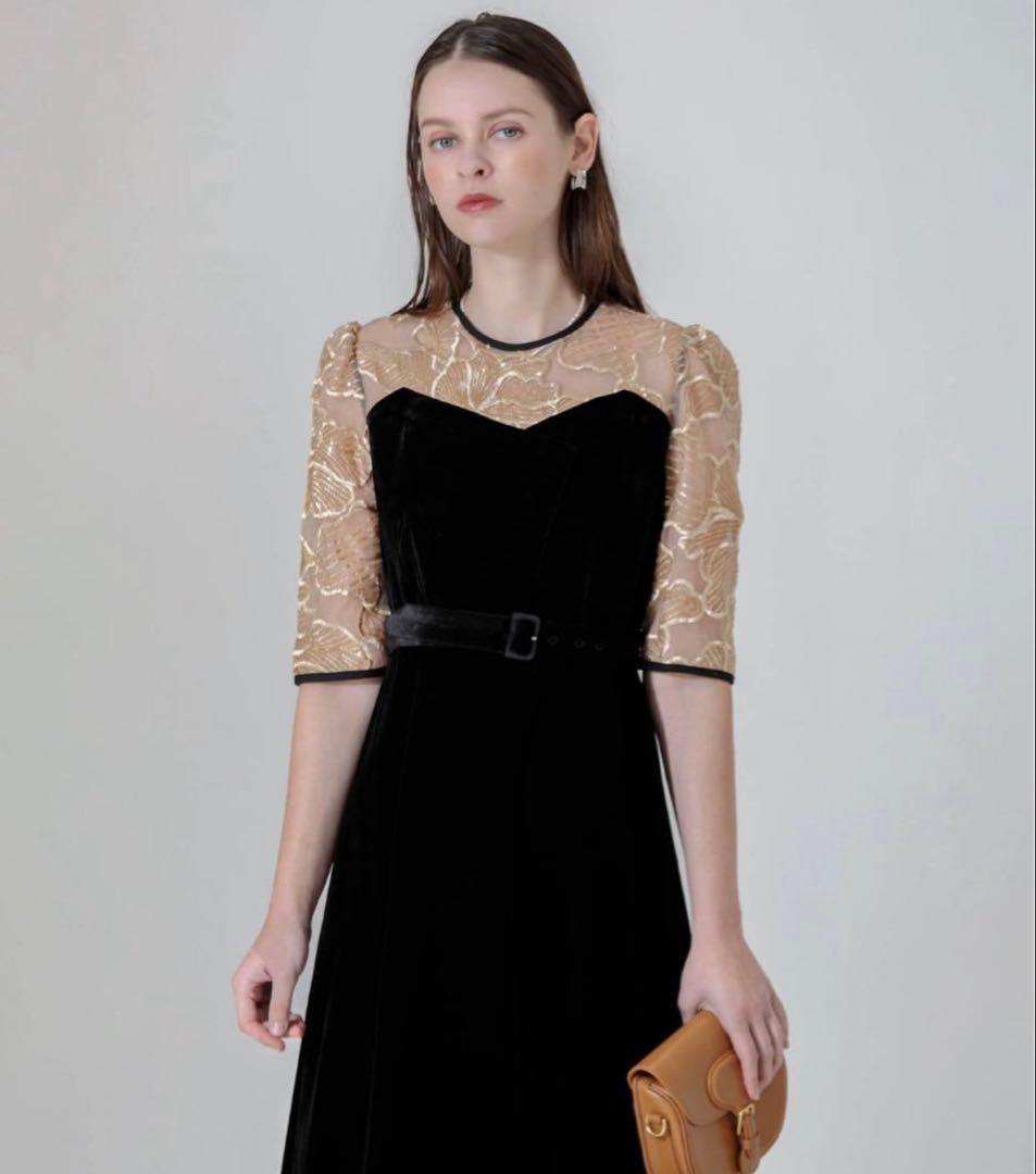 【LEJA】ビスチェ風ウエストベルト付きベロアワンピース