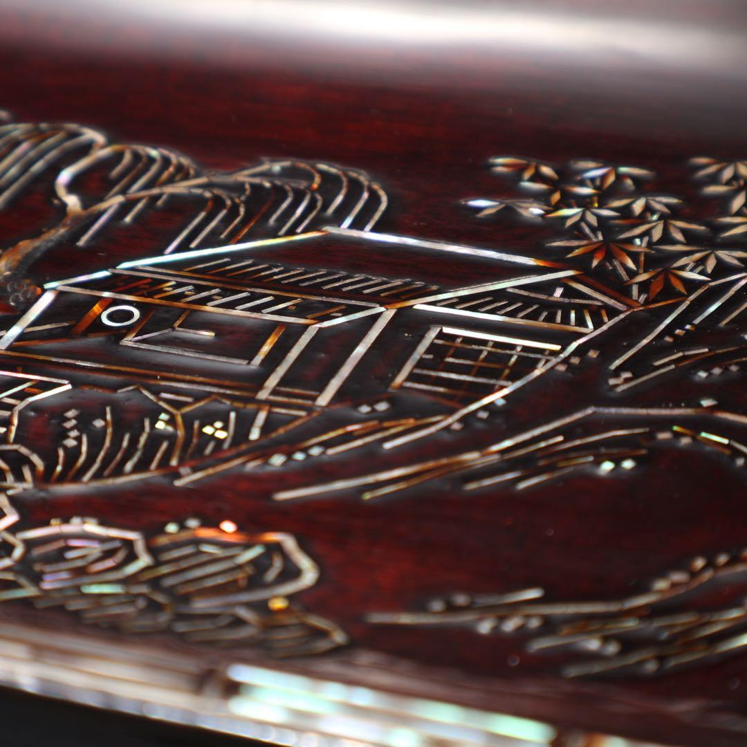 【茶道具】煎茶盆　螺鈿　山水文　桐箱　一文字盆　6R1521ダN2