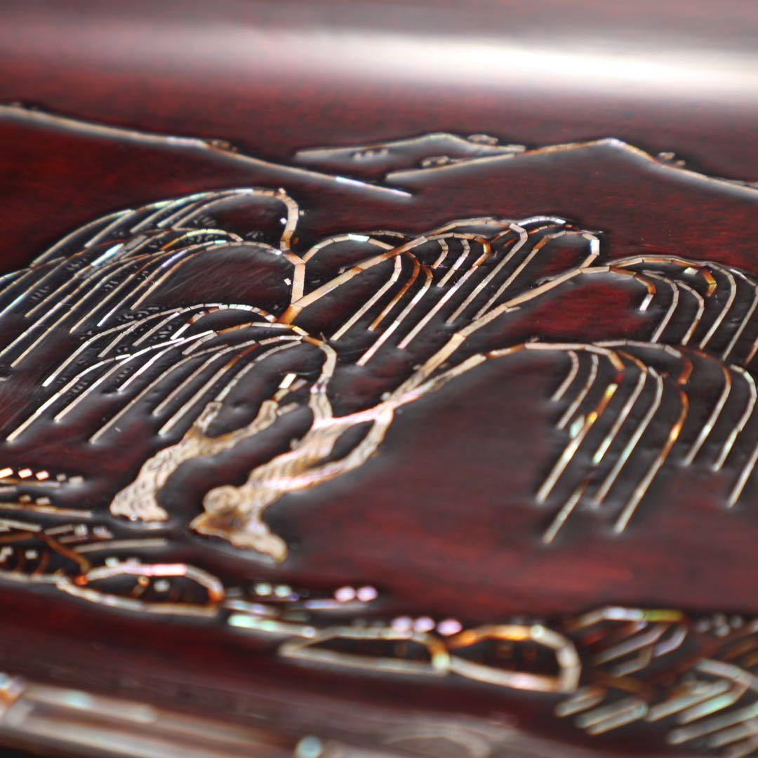 【茶道具】煎茶盆　螺鈿　山水文　桐箱　一文字盆　6R1521ダN2