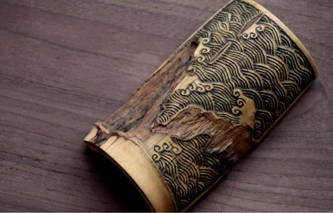 001虫喰い竹彫刻茶則、茶合、仙媒、茶道具、煎茶、煎茶道具、中国茶、日本茶