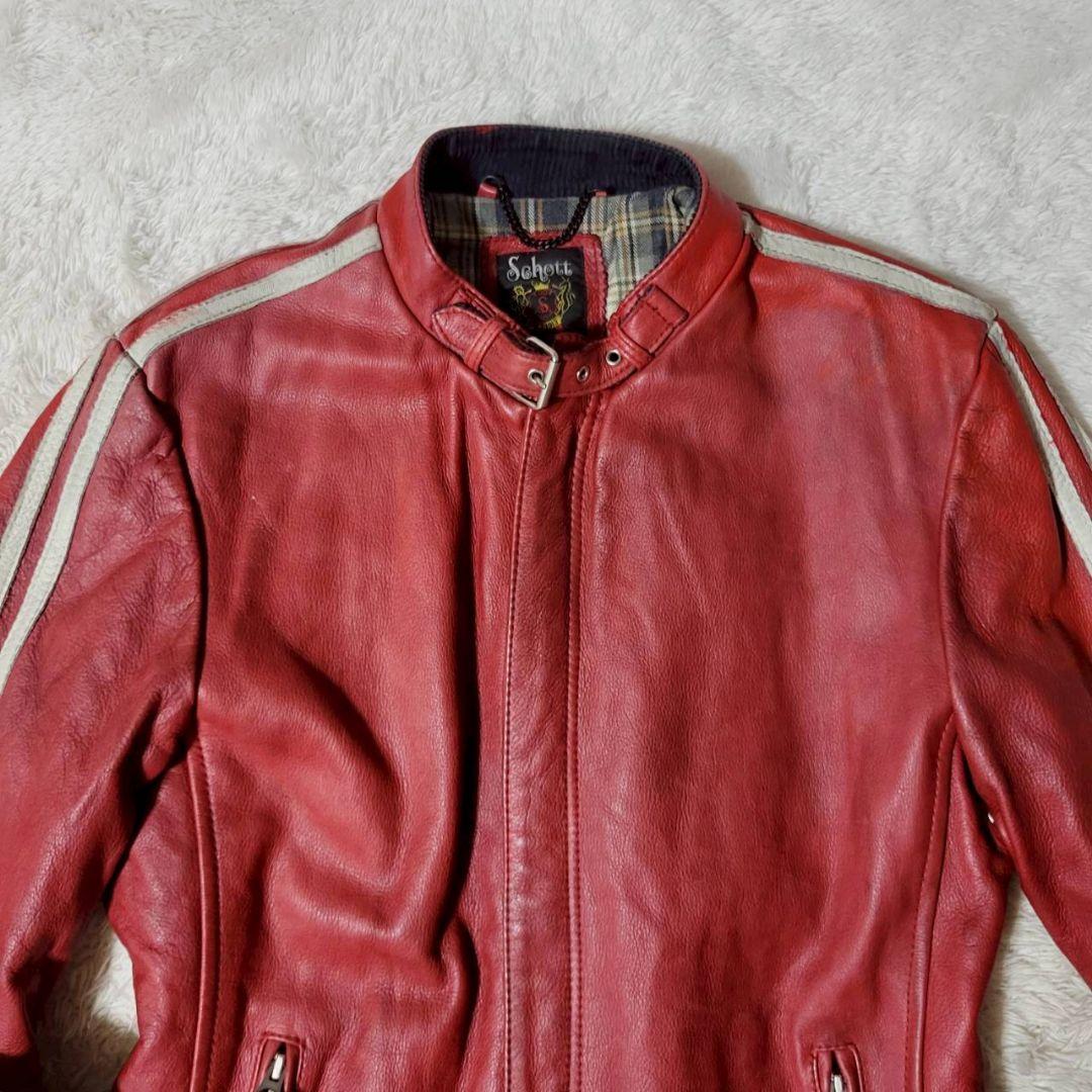 希少✨　ショット　ライダースジャケット　Lサイズ　カウレザー　チェック柄　赤
