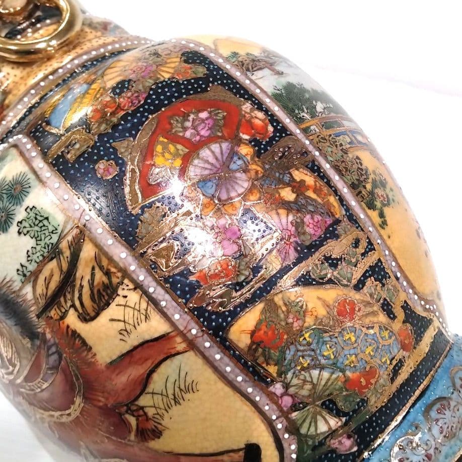 薩摩焼 金襴手 金彩 色絵 色錦 豪華絢爛 武者図 美人画 飾り壺 古美術 花器