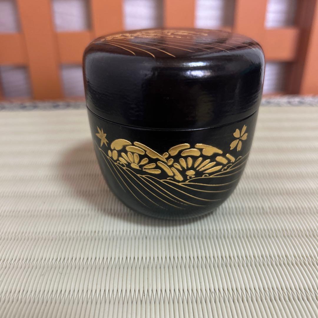 石井隆鳳作　一閑波車蒔絵　利休棗　共箱　茶道具