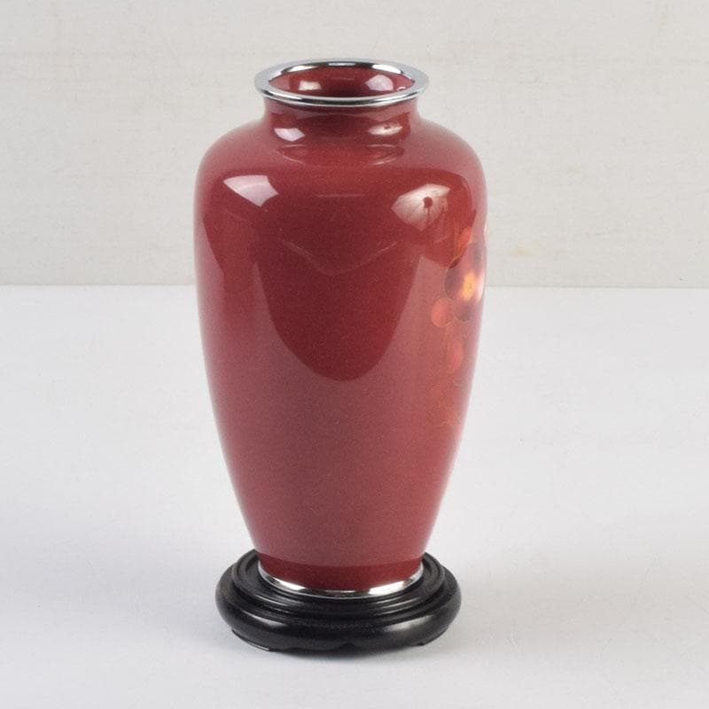 七宝焼　岡田泉作　赤透釉　梅文瓶　花瓶　唐木台付　共箱　V　9133