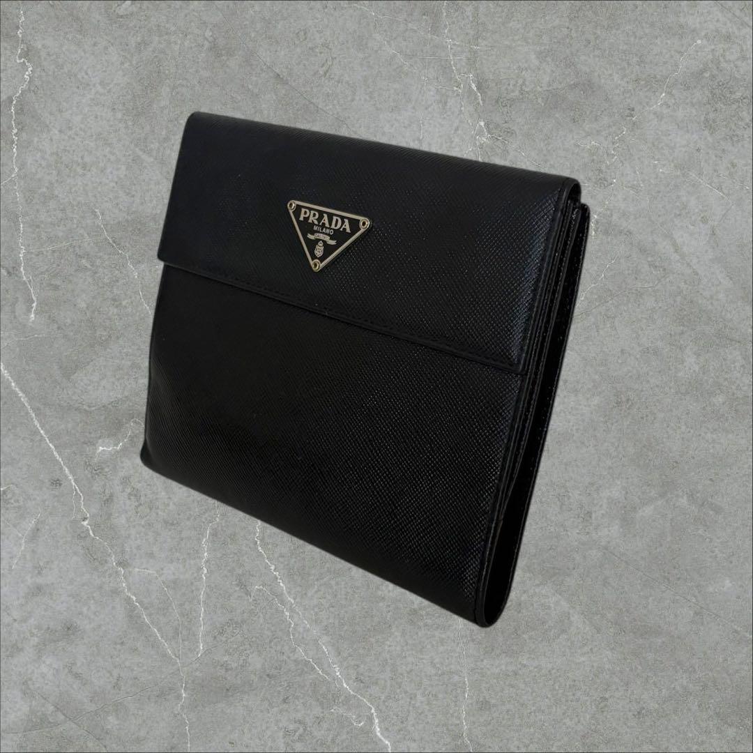 超極美品✨ PRADA プラダ 三つ折り財布 サフィアーノ ブラック 三角ロゴ