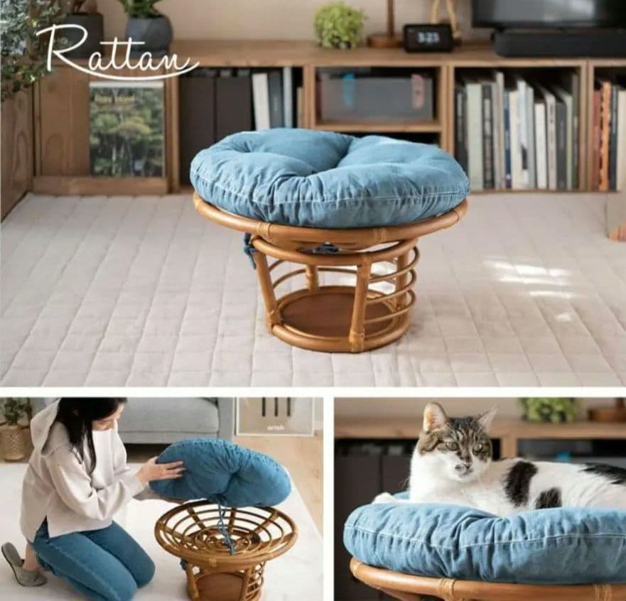 ラタン製　円形ベッド　猫　クッション付き