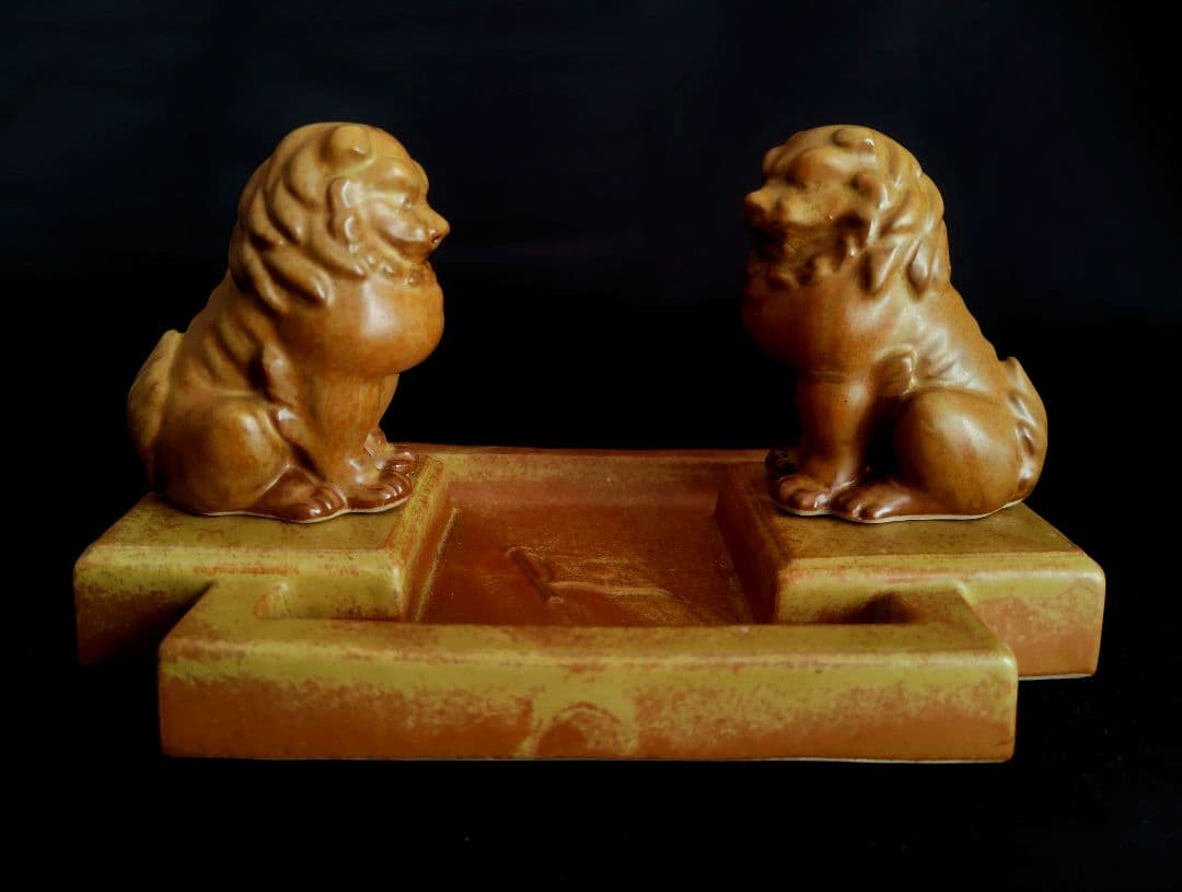 九谷焼　狛犬灰皿　木箱付き　昭和十六年　ヴィンテージ　獅子