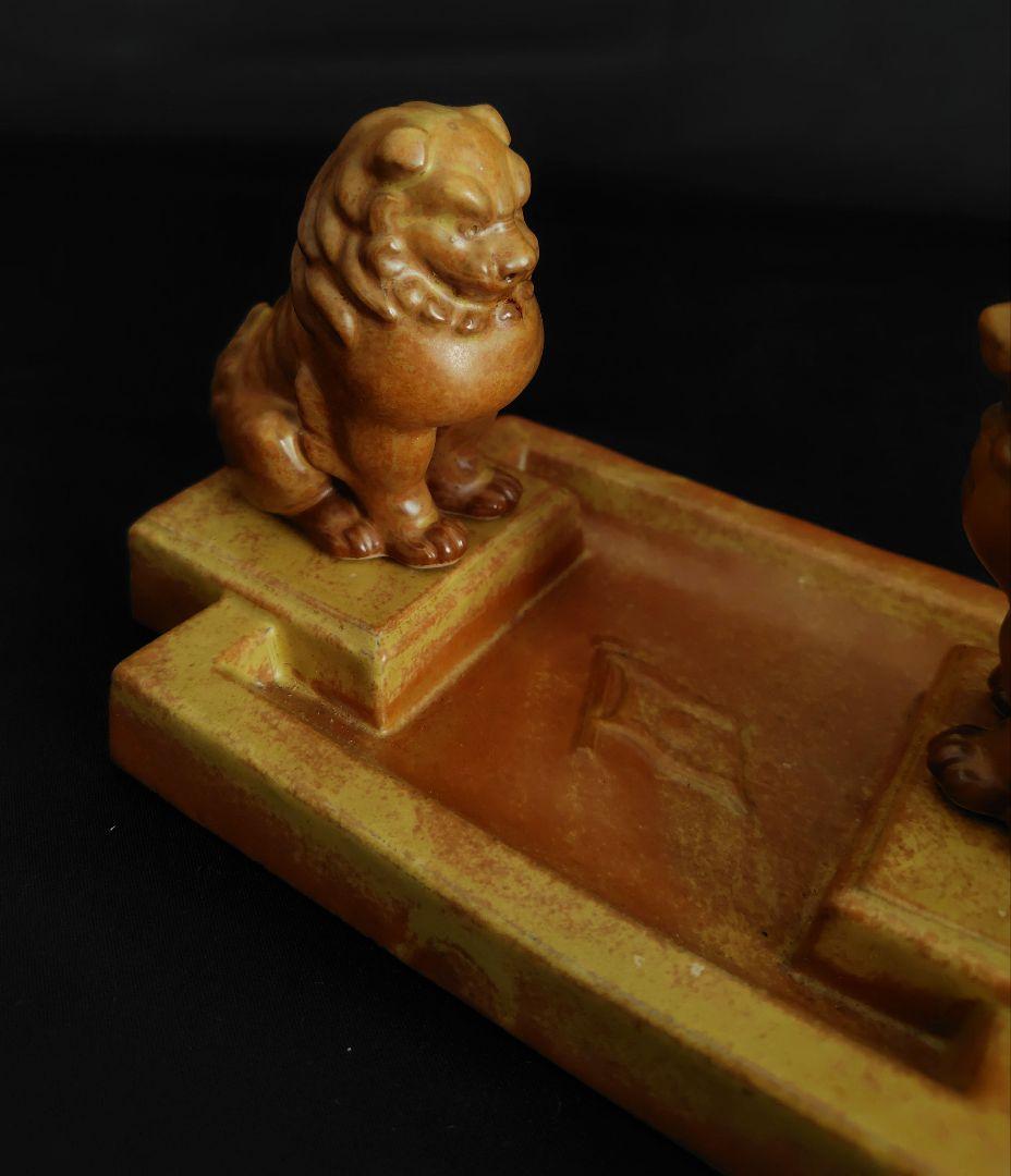 九谷焼　狛犬灰皿　木箱付き　昭和十六年　ヴィンテージ　獅子