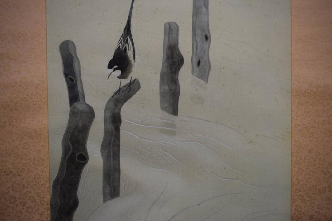 真作/鈴木欣二/涼流小禽図/桐共二重箱付/布袋屋掛軸HI-99