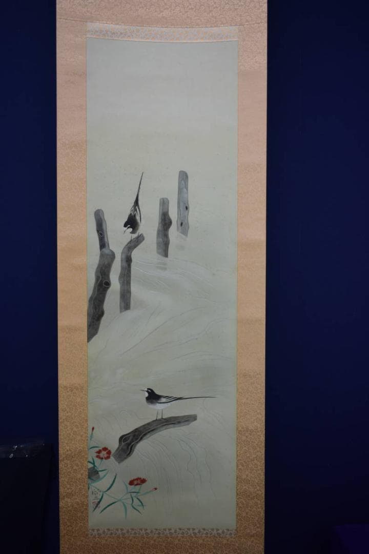 真作/鈴木欣二/涼流小禽図/桐共二重箱付/布袋屋掛軸HI-99