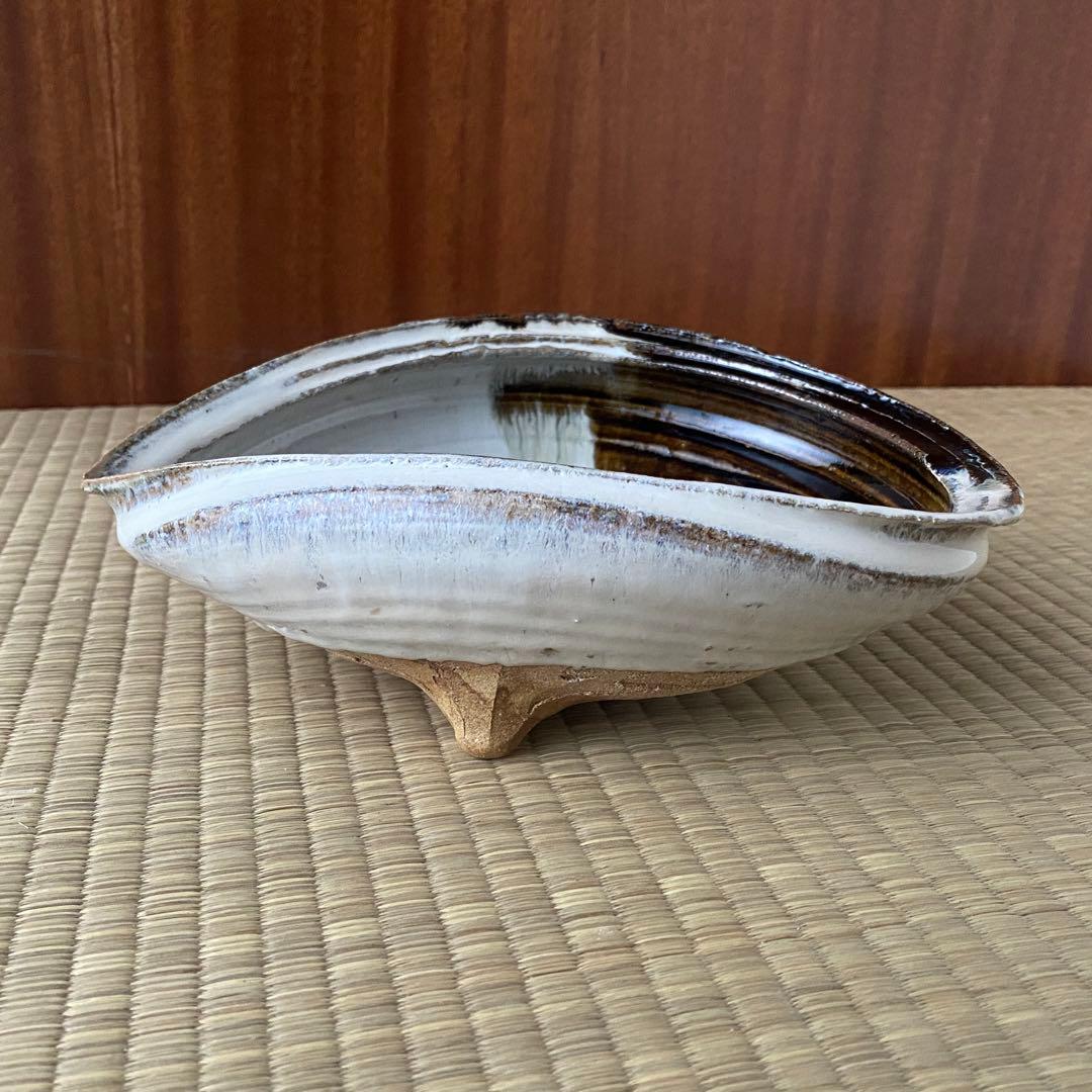 美品 未使用 唐津焼 岡本作礼造 【朝鮮唐津】 鮑型 脚付鉢 共箱