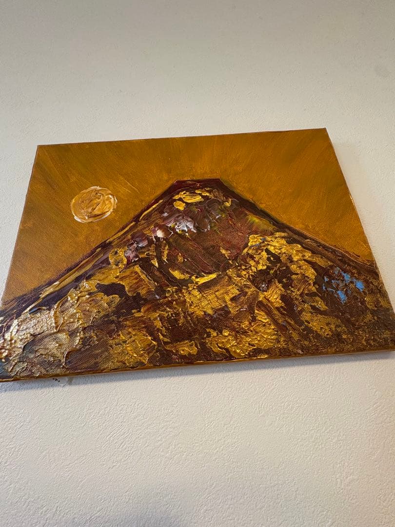 週末セール　赤富士山 鳳凰色　太陽　アクリル画 金色　風水　絵画　　f4
