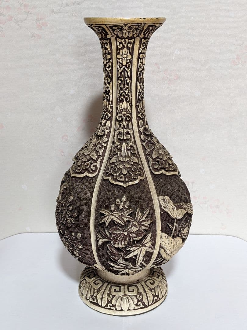 ♦ 中国美術工芸品 阿古陀形 四季花卉図文 瓶 置物飾り オブジェ 骨董品