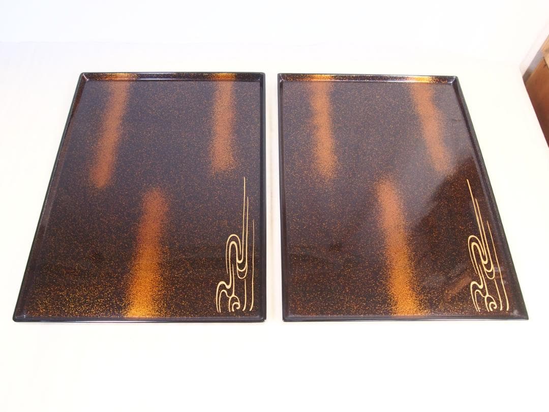 【未使用あり】輪島塗 長手脇引膳 5客 梨地霞/波蒔絵 卓上膳/懐石膳/会席膳