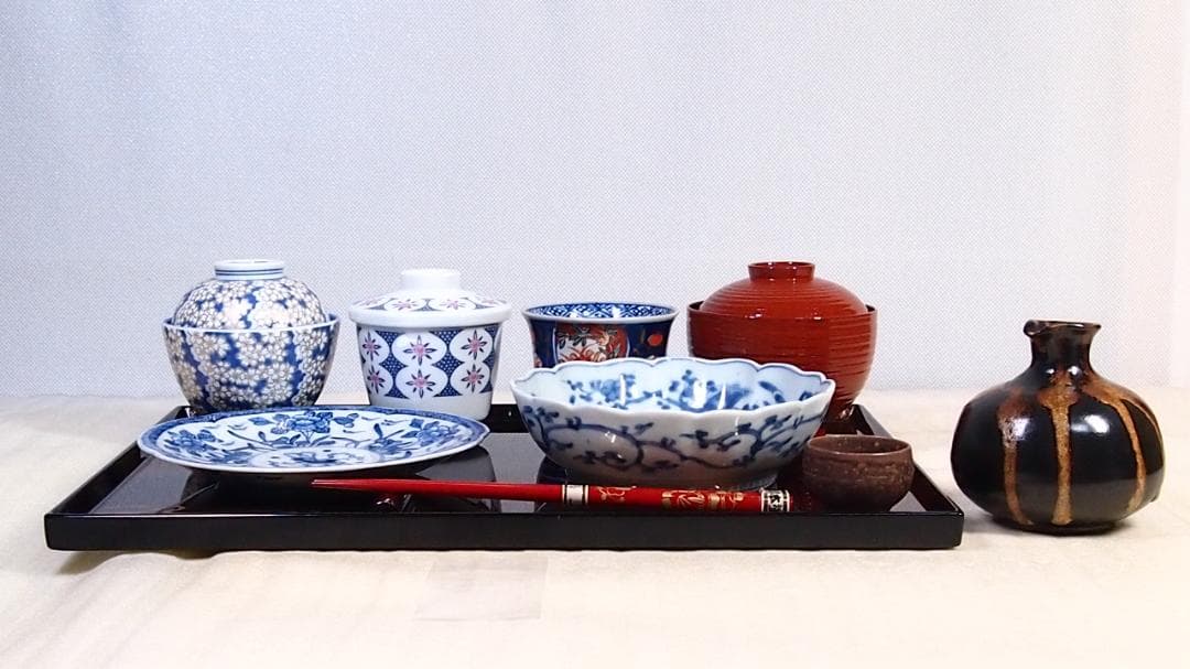 【未使用あり】輪島塗 長手脇引膳 5客 梨地霞/波蒔絵 卓上膳/懐石膳/会席膳