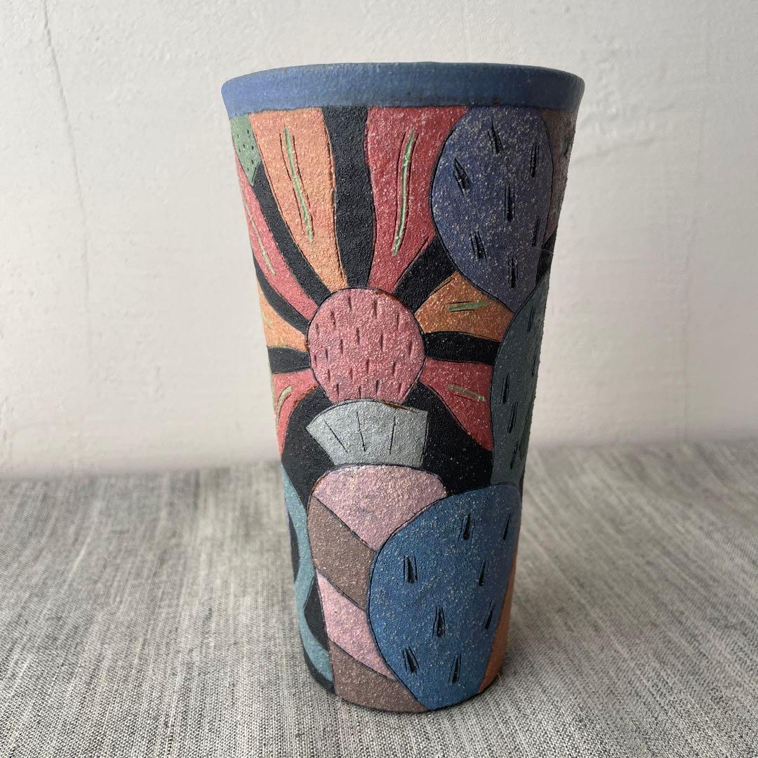 作家　陶芸家　志村観行　タンブラー　ビアカップ　背の高いコップ　手描き　手彫り