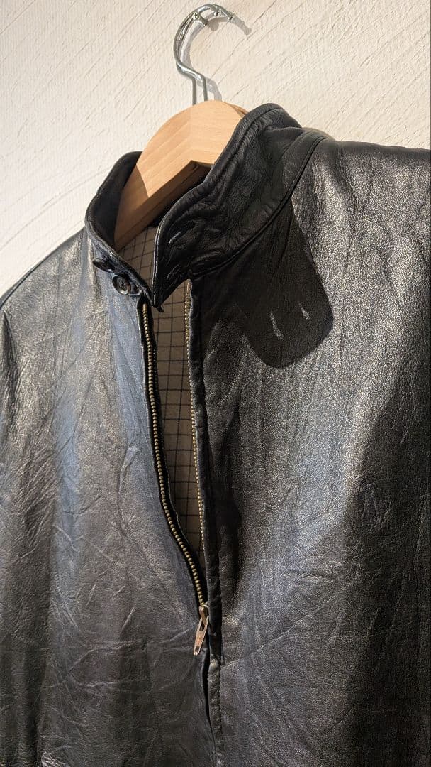 90年代希少　ラルフローレン　ブラックラムレザー　スタンドカラーレザージャケット