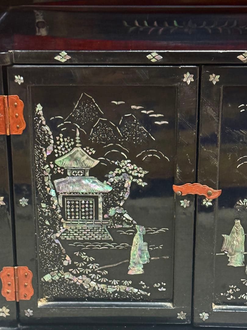 螺鈿付　山水人物図小箪笥　茶棚　送料込み260122