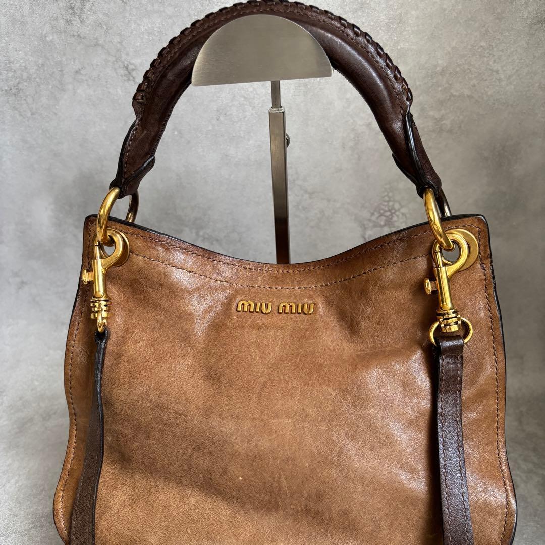 miu miu 2way ショルダーバッグ ロゴ レザー archive 茶