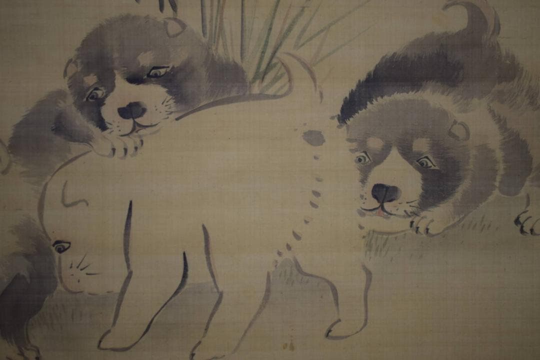不詳/作者不詳/仔犬図/子犬図/干支図/布袋屋掛軸HJ-10
