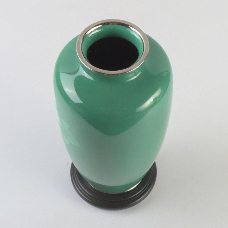 七宝焼　安井幸晴作　牡丹文　花瓶　唐木台付　共箱　V　9556