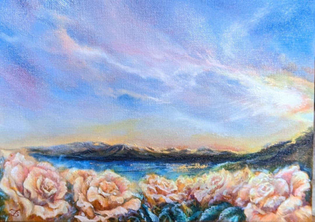 風景画　油絵風景画　一点物真筆painterTMK 朝焼け空　夕焼け空　薔薇絵画