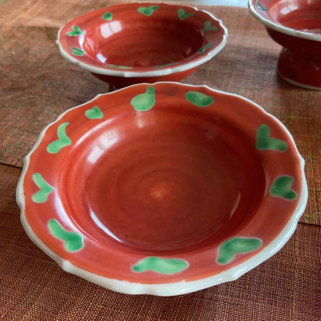 九谷焼　須田菁華　赤地緑彩　高台小鉢　5客揃い