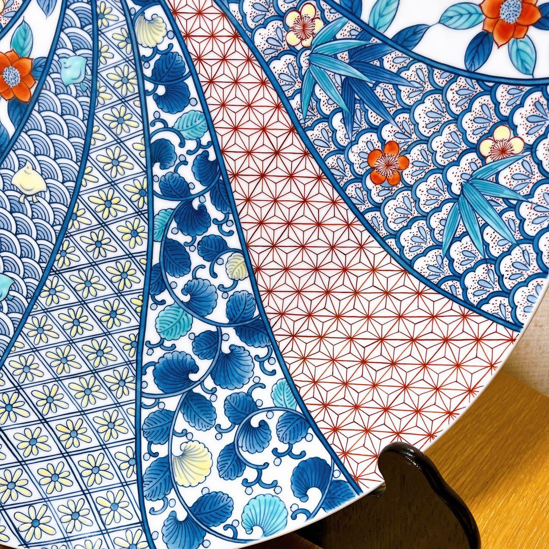 鍋島窯/市川公山 作/飾り皿/色絵/青海波花紋/大皿/鍋島焼/約46㎝/伝統工芸