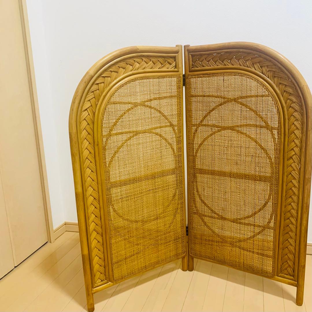 【希少】 籐 ラタン ロータイプ パーテーション 2連 折りたたみ 衝立 アーチ