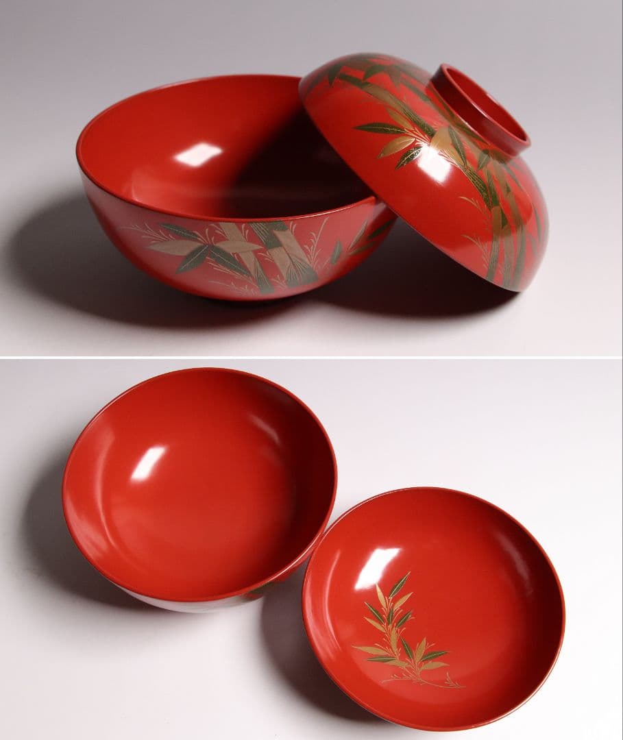 CG34 輪島塗 時代木製漆器 竹笹蒔絵 朱塗御吸物椀 五客 / 伝統漆芸茶懐石