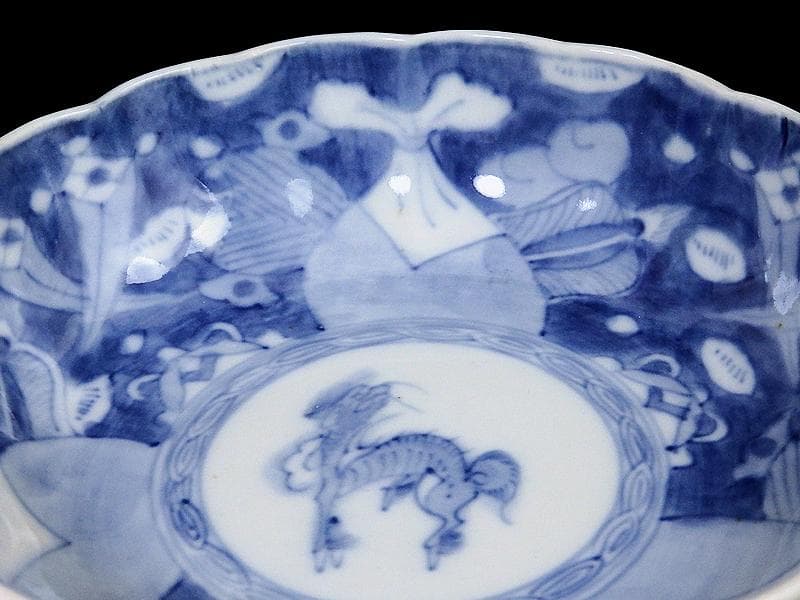 古伊万里　染付　巾着に宝尽くし　麒麟の図　膾皿　５客　129AS-CVv