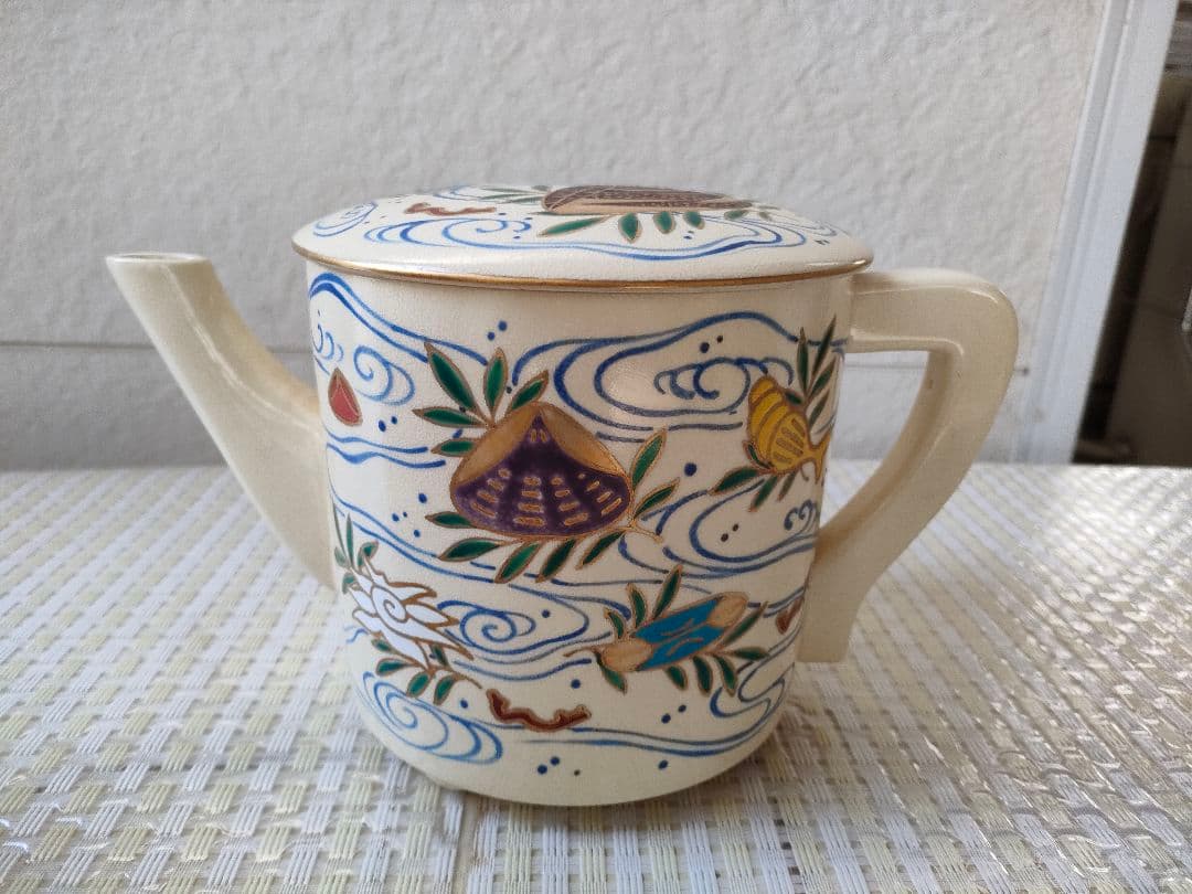 ●茶道具 宝泉作 水次 色絵海老文刻印あり 共箱付 京焼 水注 水次 茶会茶道具