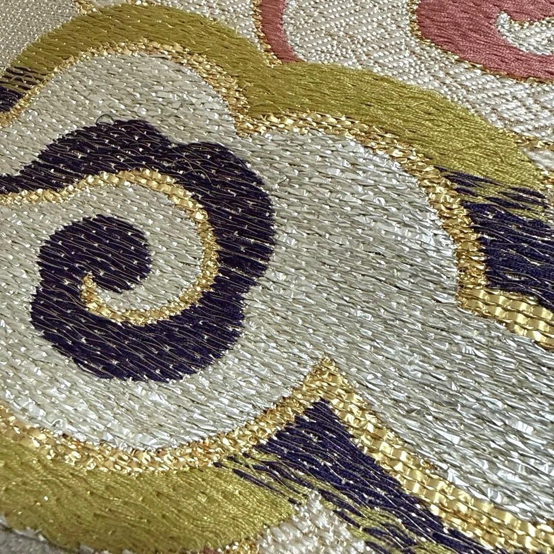 【誉田源兵衛】正絹 名古屋帯 瑞雲×青海波 銀地 市松地紋 フォーマル 美品