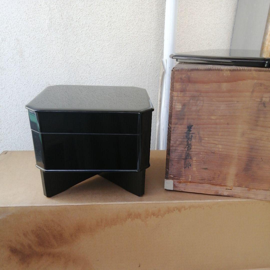 骨董　大縁高重箱　脚付　週か　蓋二枚　木製　漆器　漆　木箱