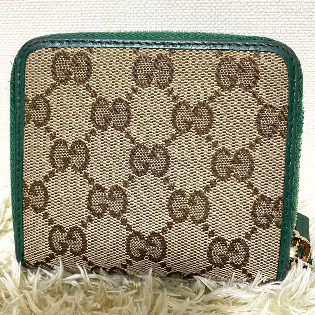 美品✨ GUCCI グッチ 折り財布 GGキャンバス ラウンドジップ グリーン