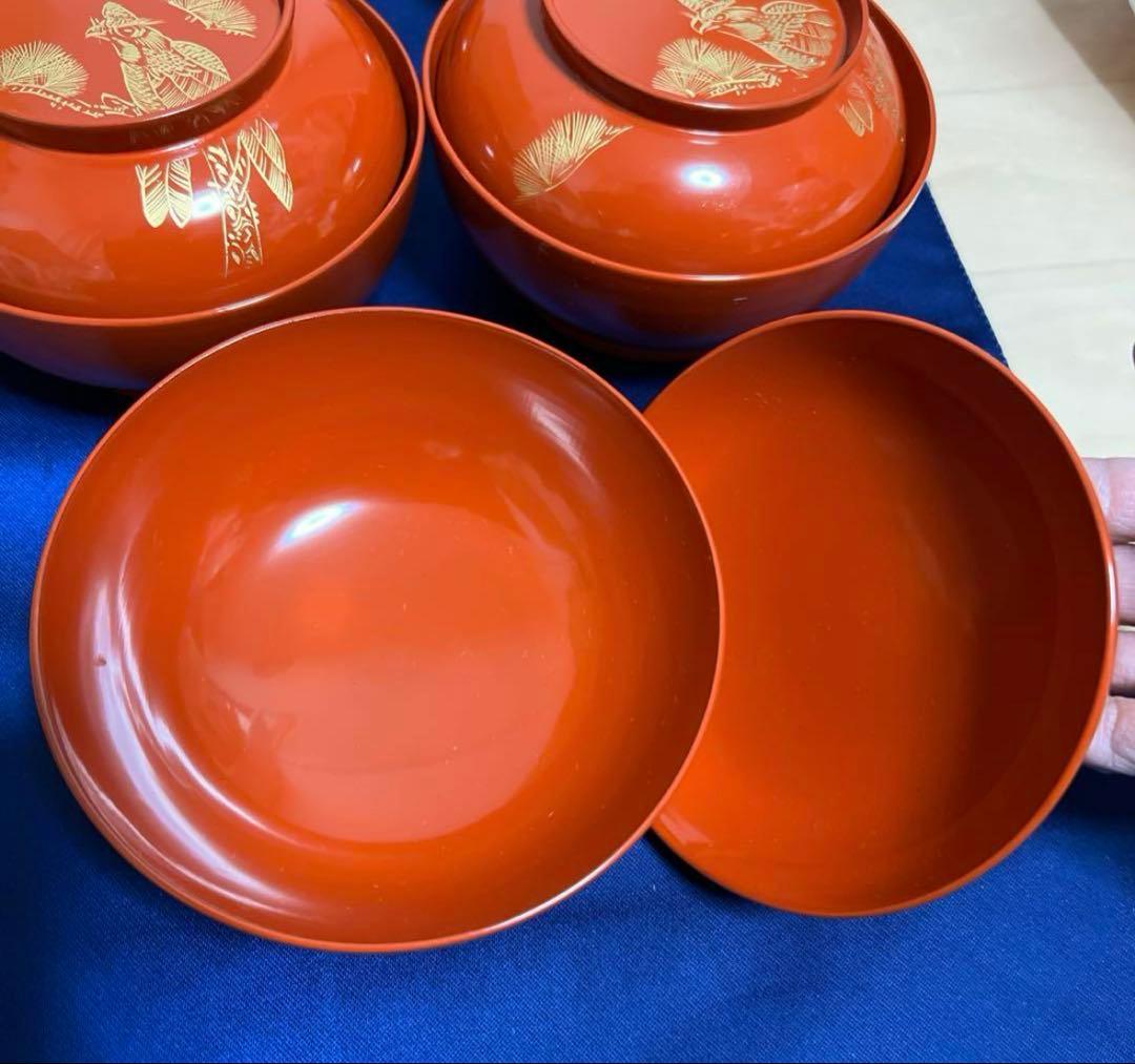 輪島塗　漆器　蓋付 吸物椀　沈金　朱塗　煮物　雑煮　8客　汁椀　鷹と松紋